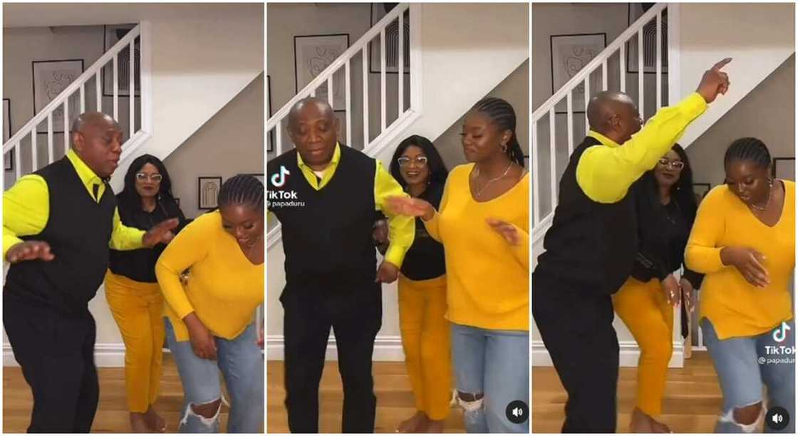 A man in a yellow dress took dancing by storm the moment his daughter and wife tried to engage him in Nigerian traditional waist dance. A man in a yellow dress took dancing by storm the moment his daughter and wife tried to engage him in Nigerian traditional waist dance.