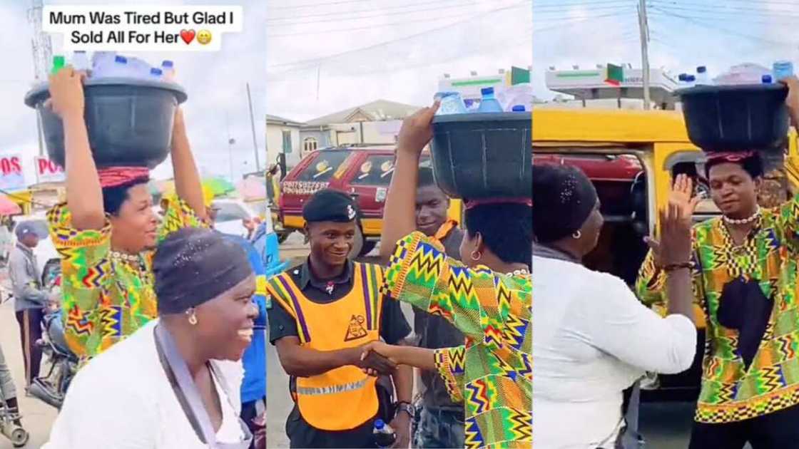 Photo of young man with drinks on his head shaking policeman