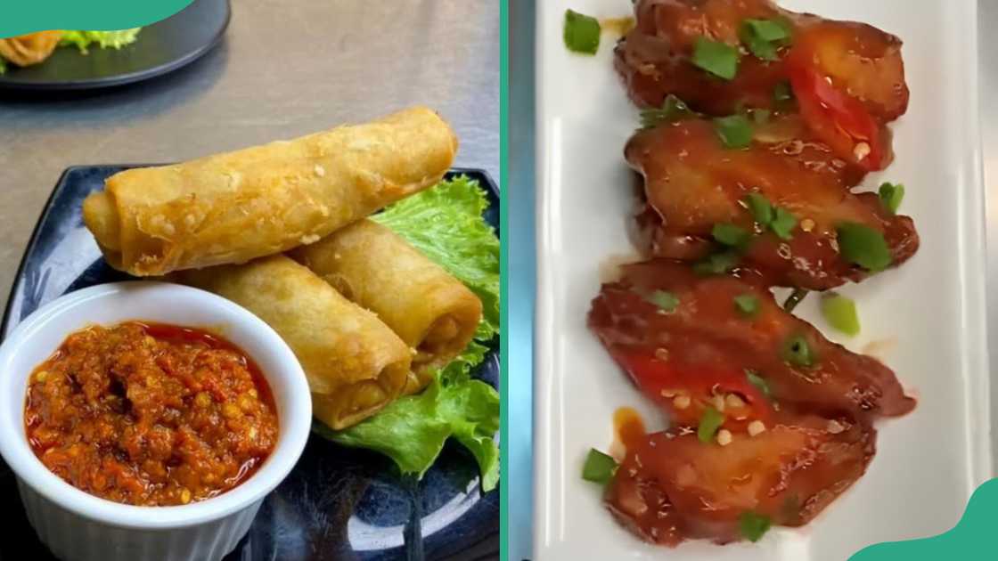 A plate of chicken rolls with a bowl of dip on the side (L). A platter of chicken sticky wings (R) A plate of chicken rolls with a bowl of dip on the side (L). A platter of chicken sticky wings (R)