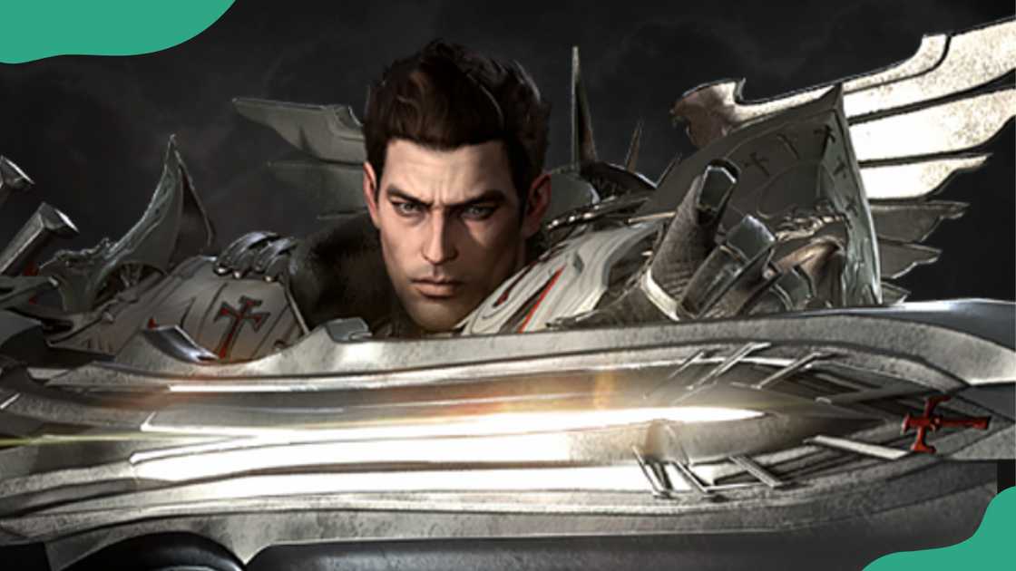 Paladin in glowing armour wields a powerful sword Paladin in glowing armour wields a powerful sword