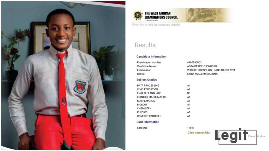 Praise scored A1 in eight WAEC subjects. Praise scored A1 in eight WAEC subjects.