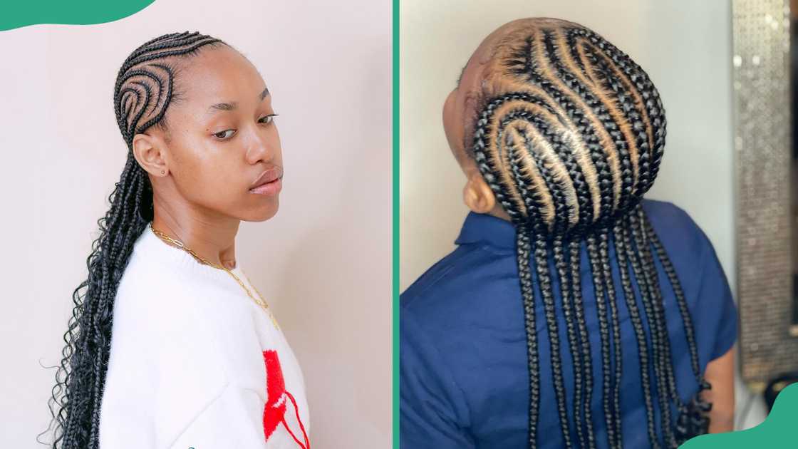 Straight-back cornrows with designs.