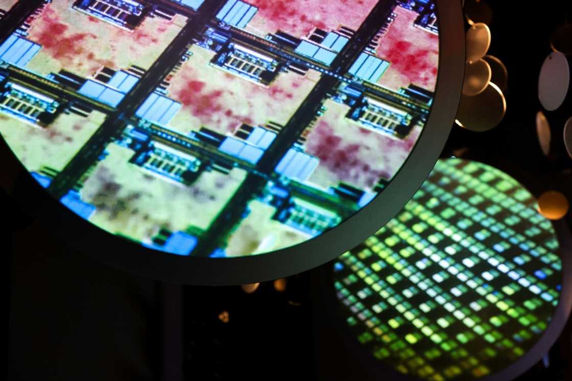 An image of an electronic wafer is displayed at the TSMC Museum of Innovation in Hsinchu