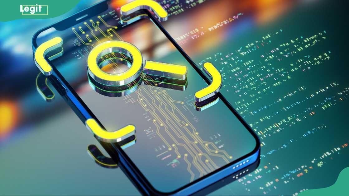 Yellow loupe icon processing data on smart phone Yellow loupe icon processing data on smart phone