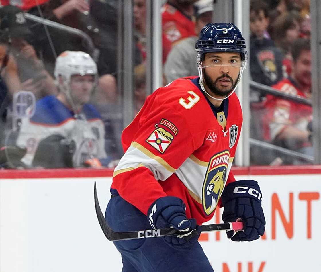 Seth Jones skates during the first period of Game Three of the 2025 Stanley Cup Final between the Edmonton Oilers and the Florida Panthers