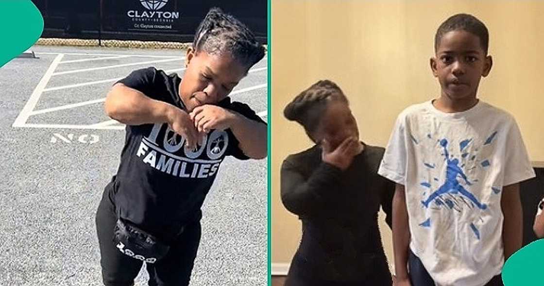 Pretty mum with dwarfism dances happily with her tall son Pretty mum with dwarfism dances happily with her tall son