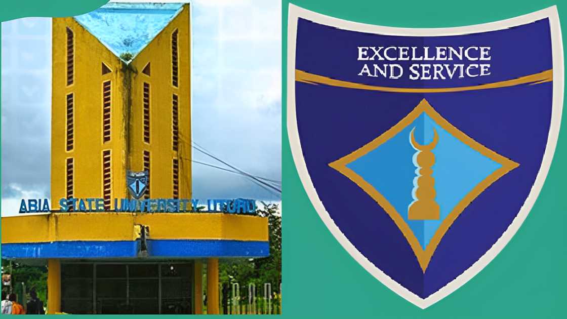 Abia State University entrance (L). The ABSU logo (R)