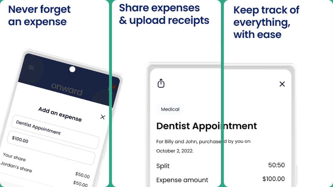 Main features of the Onward: Co-Parenting Expenses app. Main features of the Onward: Co-Parenting Expenses app.