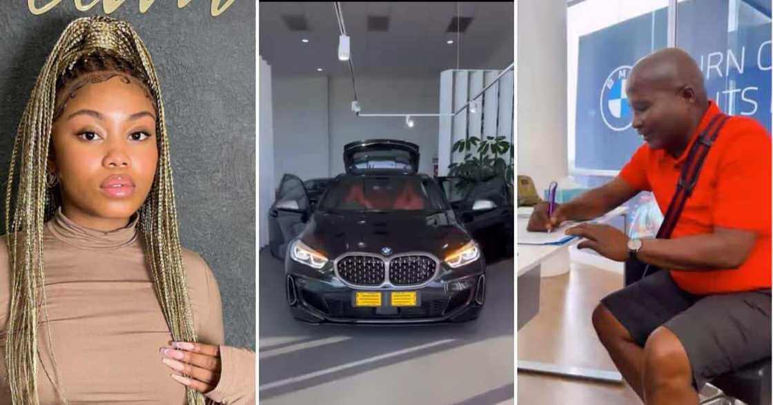 woman celebrates dad buying her new beamer