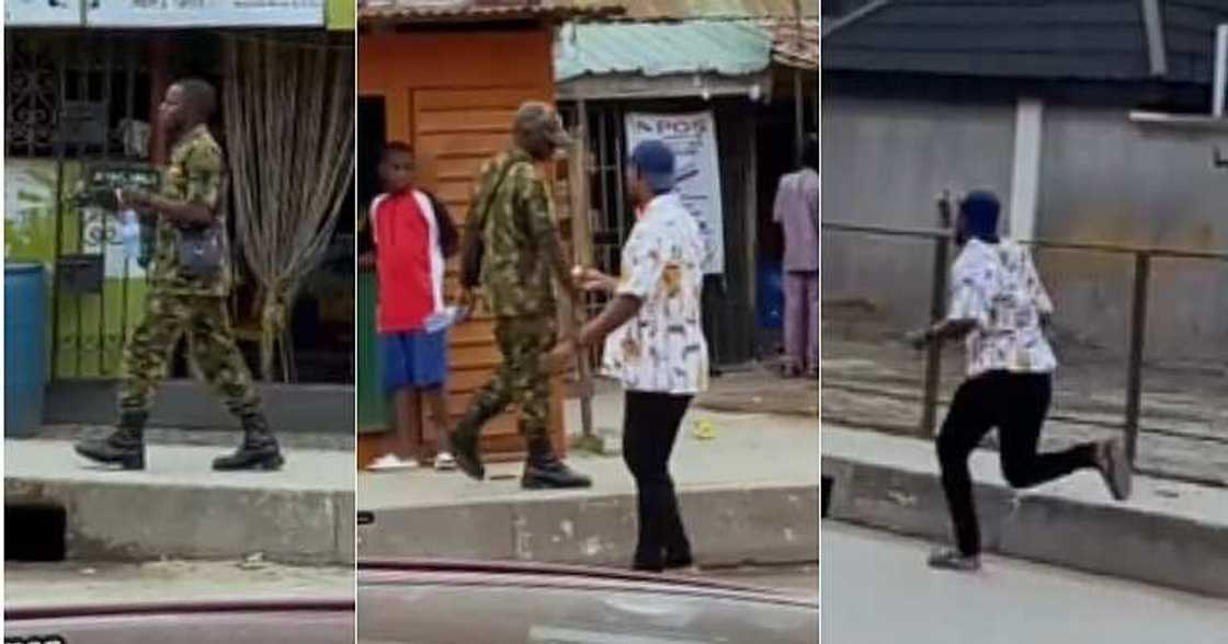 Man hands soldier a letter, prank, risky Man hands soldier a letter, prank, risky