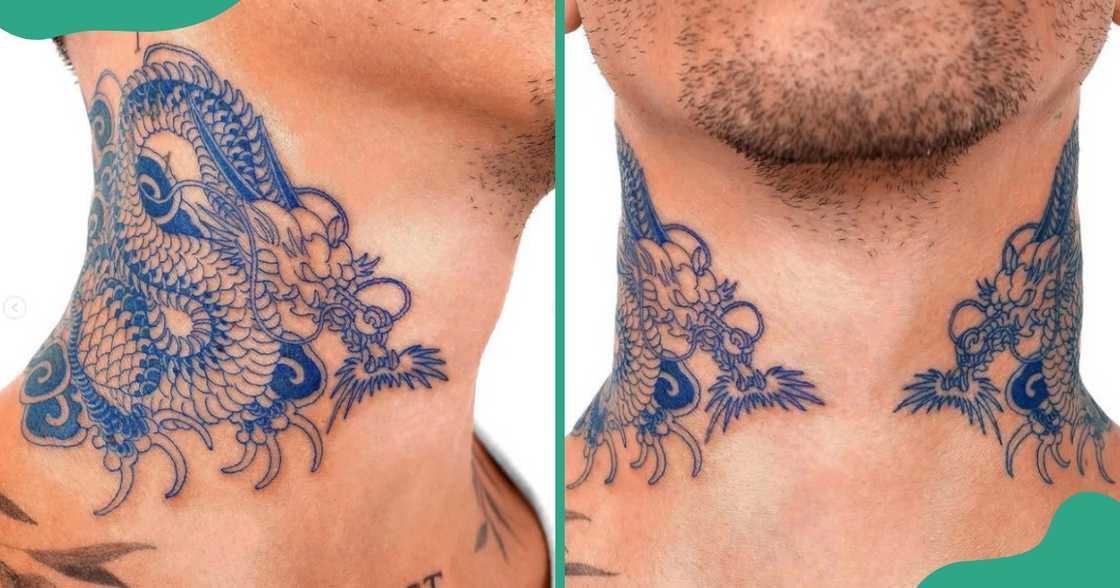 A blue nature-inspired throat tattoo with dragons on both sides. A blue nature-inspired throat tattoo with dragons on both sides.