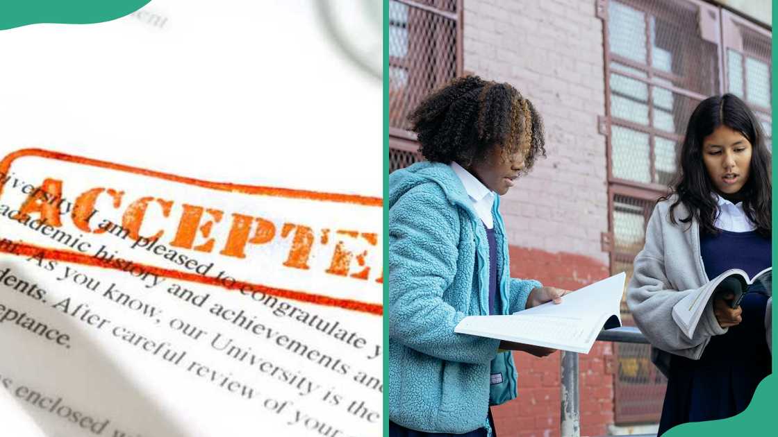 An acceptance letter from a university and students on campus reading