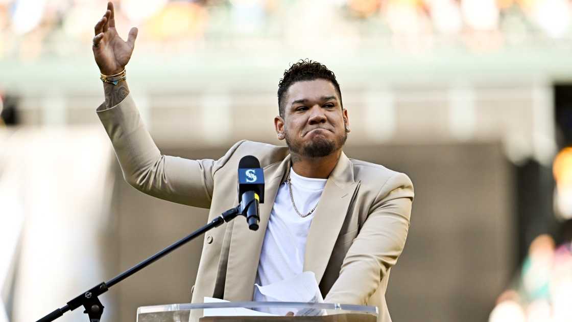 Former Seattle Mariner Felix Hernandez gestures during his Hall of Fame induction ceremony.