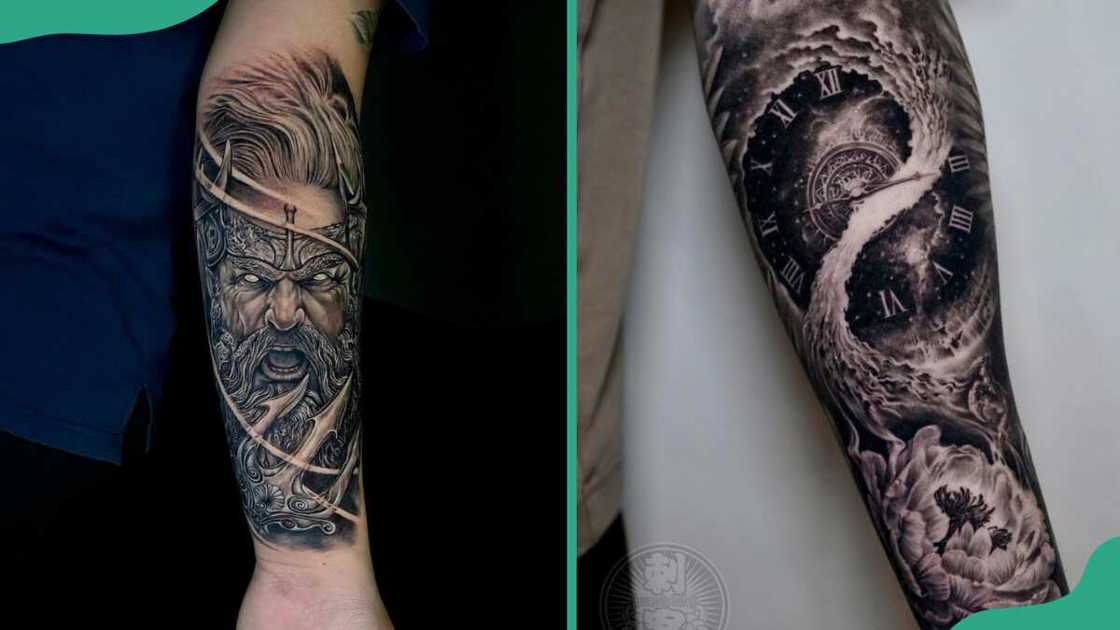 Black and grey realism half-sleeve tattoos