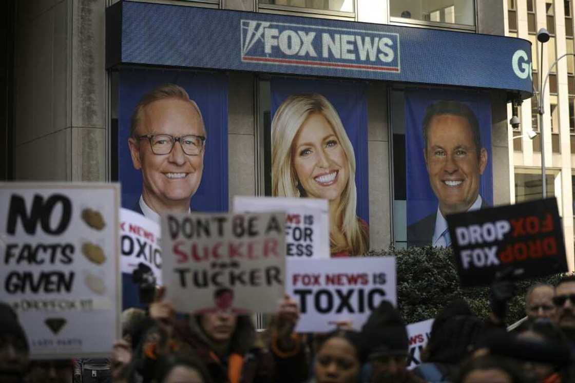 Protestors outside Fox News, which is being sued for $1.6 billion by Dominion Voting Systems Protestors outside Fox News, which is being sued for $1.6 billion by Dominion Voting Systems