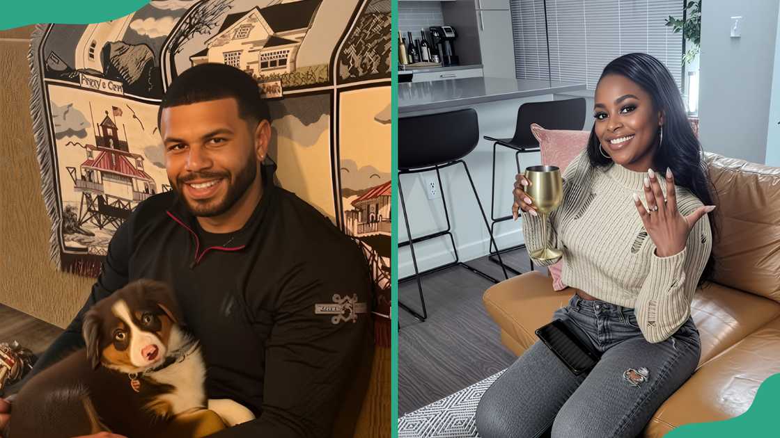 Tyler holds a pet and Ashley seats on a couch with a drink