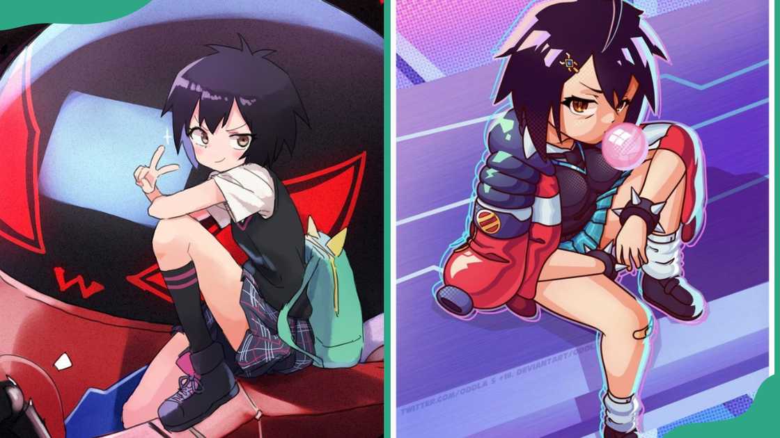 Peni Parker is seated in her uniform with a backpack (L), and the Marvel character with bubble gum while sitting on a tract (R)