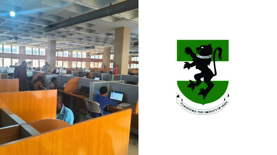 University of Nigeria students in the computer lab and the University of Nigeria logo University of Nigeria students in the computer lab and the University of Nigeria logo