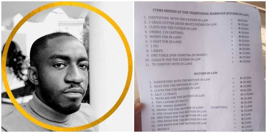 Man shares photo of his bride price list that includes 10k for father-in-law cigarette, sparks reactions Man shares photo of his bride price list that includes 10k for father-in-law cigarette, sparks reactions