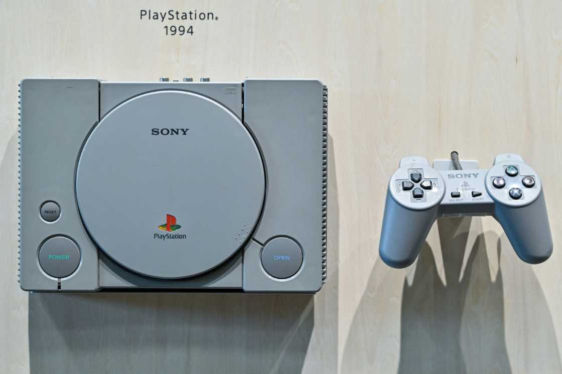 An original PlayStation on display in the lobby of the Sony headquarters building in central Tokyo