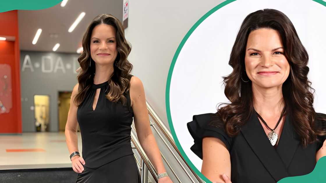 Heather Dinich standing by a modern stair railing and smiling confidently Heather Dinich standing by a modern stair railing and smiling confidently