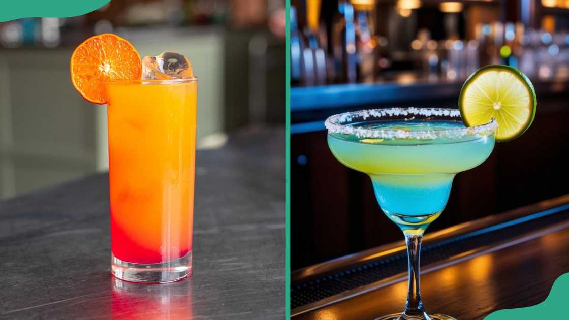 A glass of Tequila Sunrise (L) and a glass of Margarita (R) A glass of Tequila Sunrise (L) and a glass of Margarita (R)
