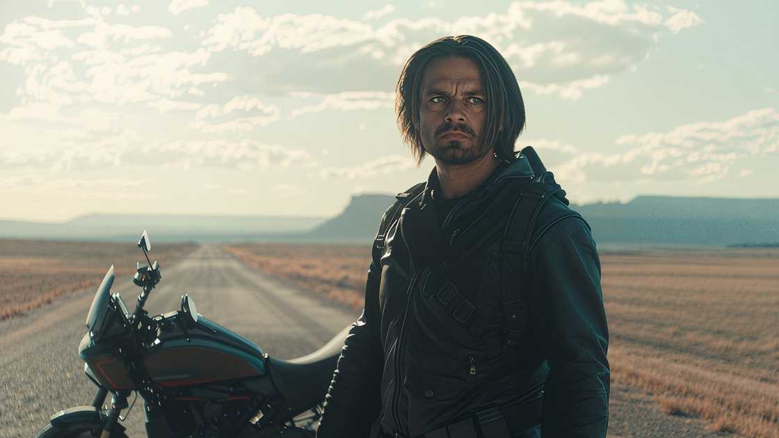Sebastian Stan in character as Bucky Barnes