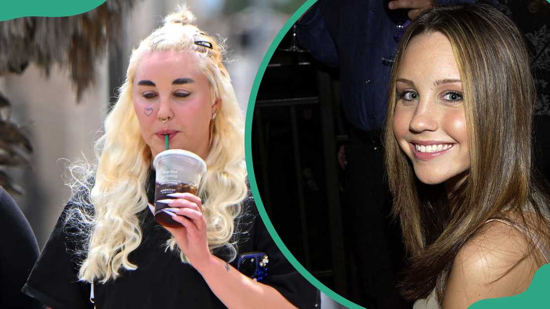 Amanda Bynes in the streets of Los Angeles, California (L). Actress Amanda Bynes at The WB Television Network Upfront Allstar Party (R)