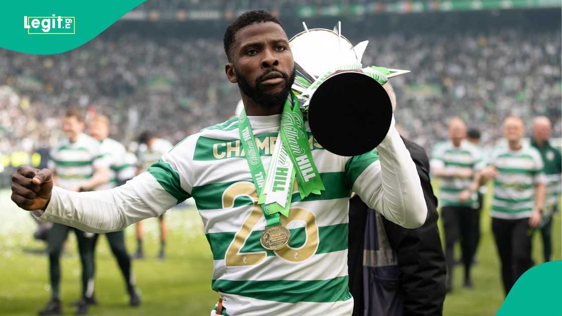 Kelechi Iheanacho with the Scottish Premiership trophy. Photo by Craig Williamson