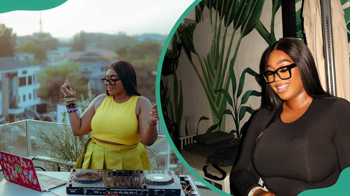 Gigi Jasmine, photographed while dancing on a rooftop during one of her events as a DJ (L).Gigi Jasmine wearing a black top (R). Gigi Jasmine, photographed while dancing on a rooftop during one of her events as a DJ (L).Gigi Jasmine wearing a black top (R).