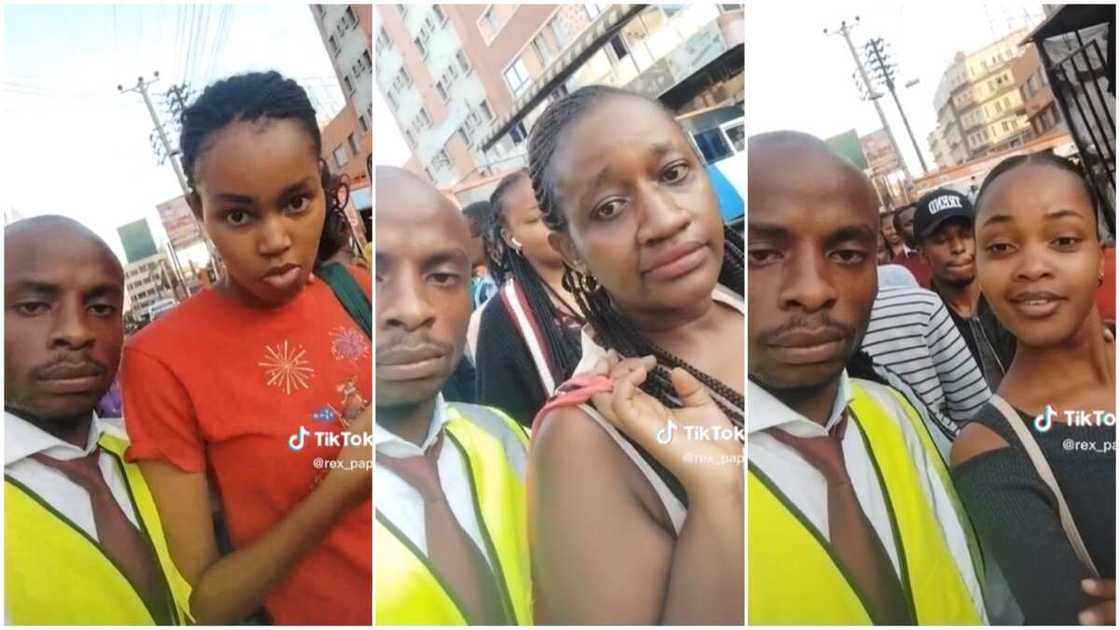 Man pranked strangers/he put his hands on women's shoulders. Man pranked strangers/he put his hands on women's shoulders.