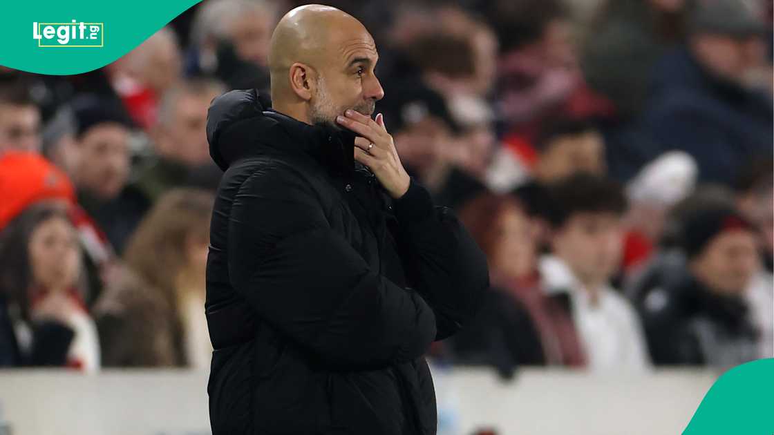 Pep Guardiola, Manchester City, Brentford, Gtech Community Stadium, London, England, Premier League. Pep Guardiola, Manchester City, Brentford, Gtech Community Stadium, London, England, Premier League.