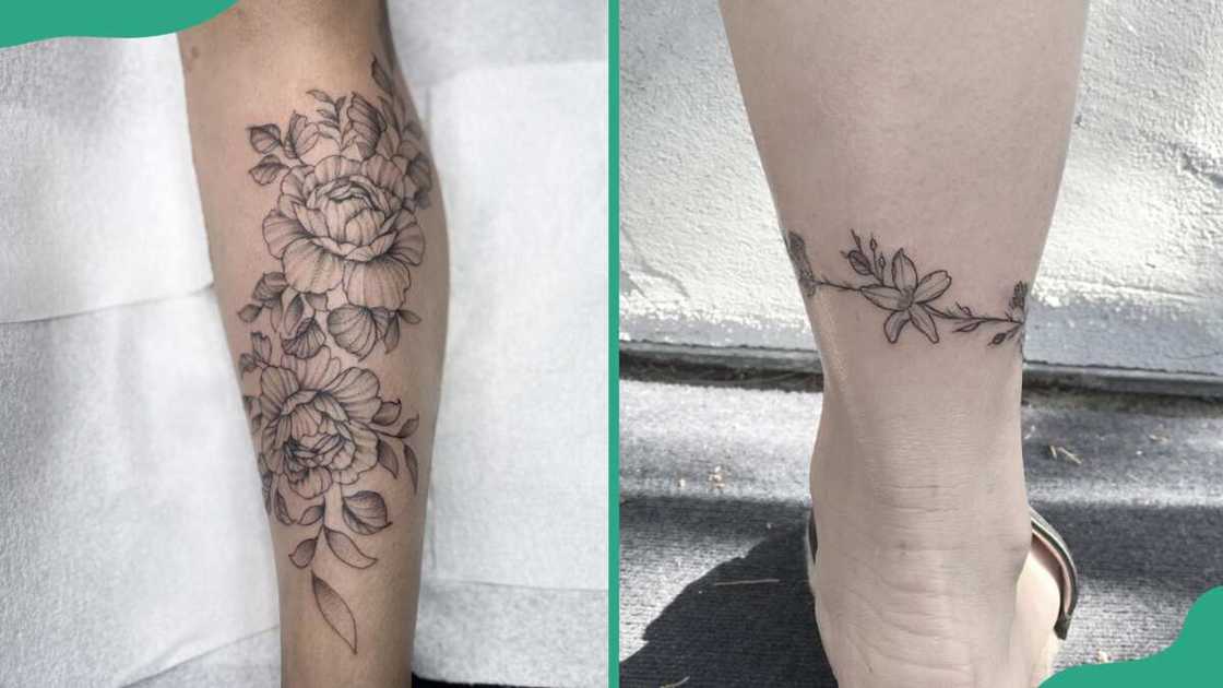 Script with floral accents tattoos
