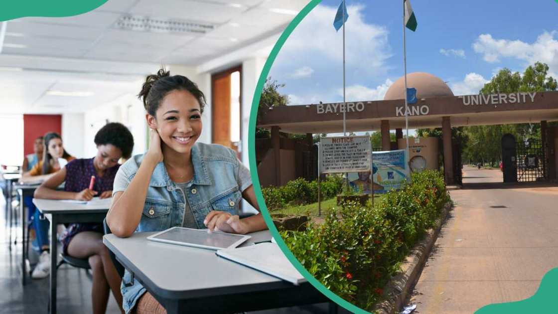 Students in a lecture room (L), BUK entrance (R)