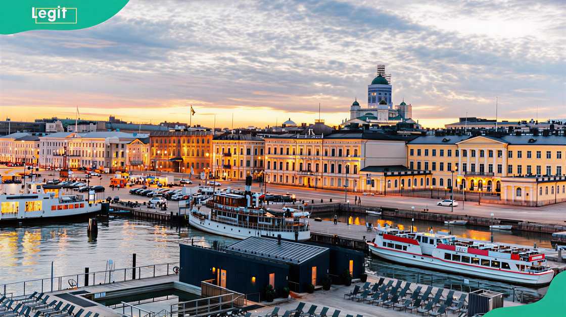 Helsinki skyline with Market Square and Helsinki Cathedral at sunset, aerial view, Finland