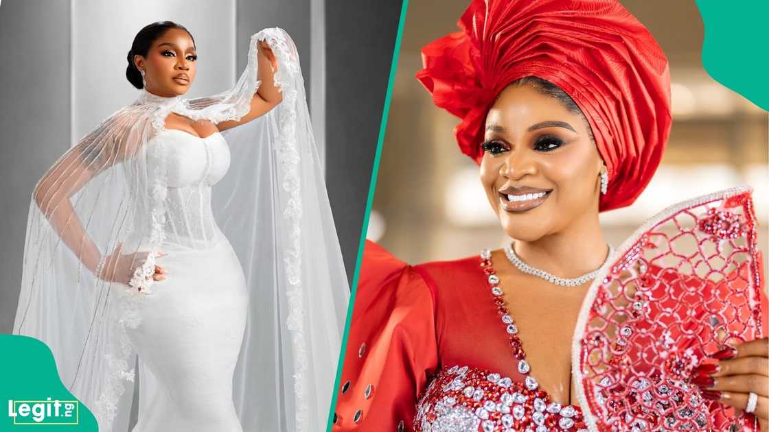 Nollywood actress Uche Ogbodo gets emotional while wearing a bridal dress for a movie premiere