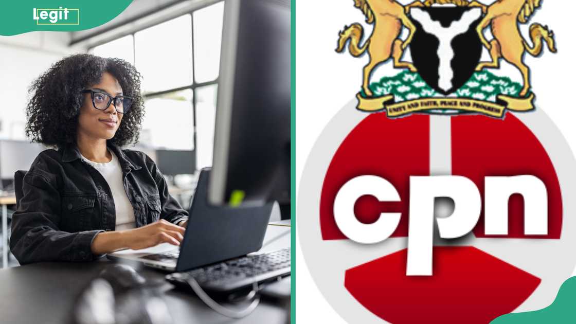 A businesswoman working on a computer at her desk in the office and the Computer Professionals Registration Council of Nigeria (CPN) logo A businesswoman working on a computer at her desk in the office and the Computer Professionals Registration Council of Nigeria (CPN) logo