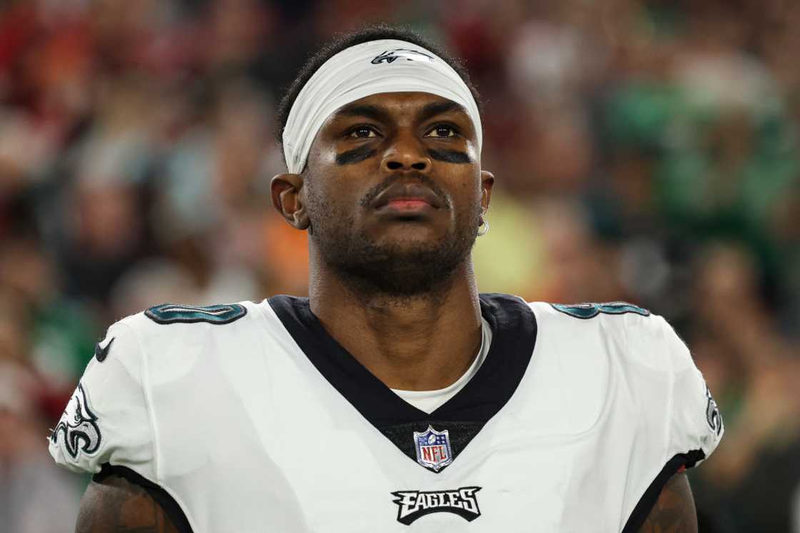 Julio Jones, #80 of the Philadelphia Eagles, looks on from the sideline during the national anthem