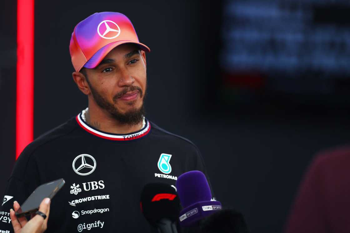 Lewis Hamilton of Great Britain and Mercedes talks to the media in the Paddock after the Sprint ahead of the F1 Grand Prix of United States at Circuit of The Americas Lewis Hamilton of Great Britain and Mercedes talks to the media in the Paddock after the Sprint ahead of the F1 Grand Prix of United States at Circuit of The Americas