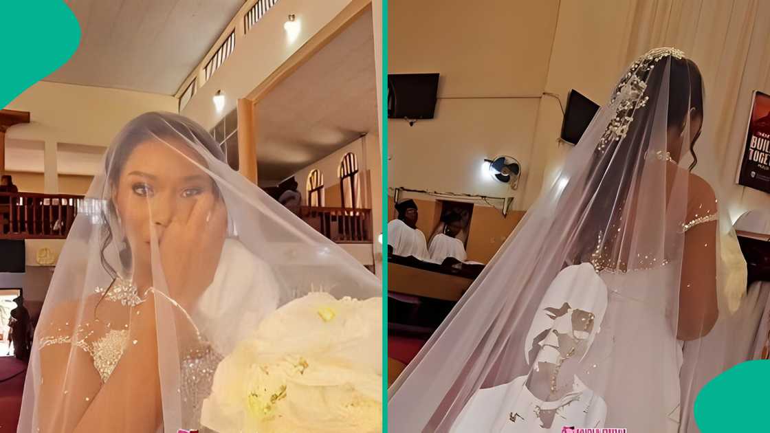 A bride crests her late dad's face on her wedding gown