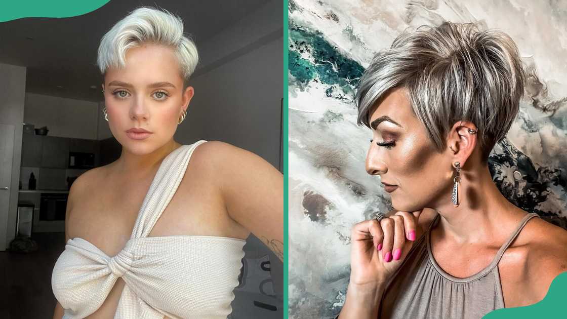 White pixie cut (L). Grey pixie cut (R). White pixie cut (L). Grey pixie cut (R).
