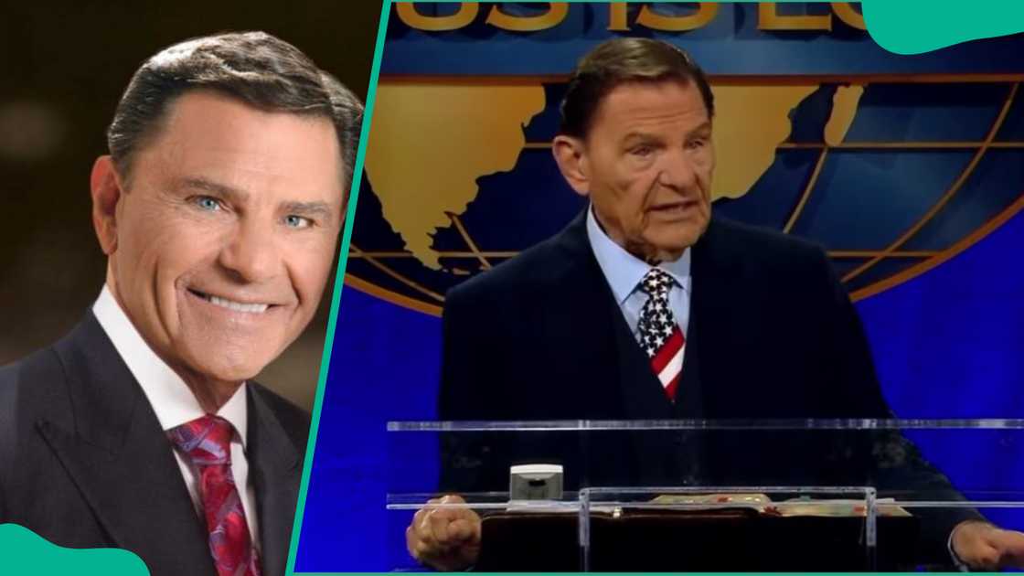 Kenneth Copeland smiling (L). The author speaking at a podium (R) Kenneth Copeland smiling (L). The author speaking at a podium (R)
