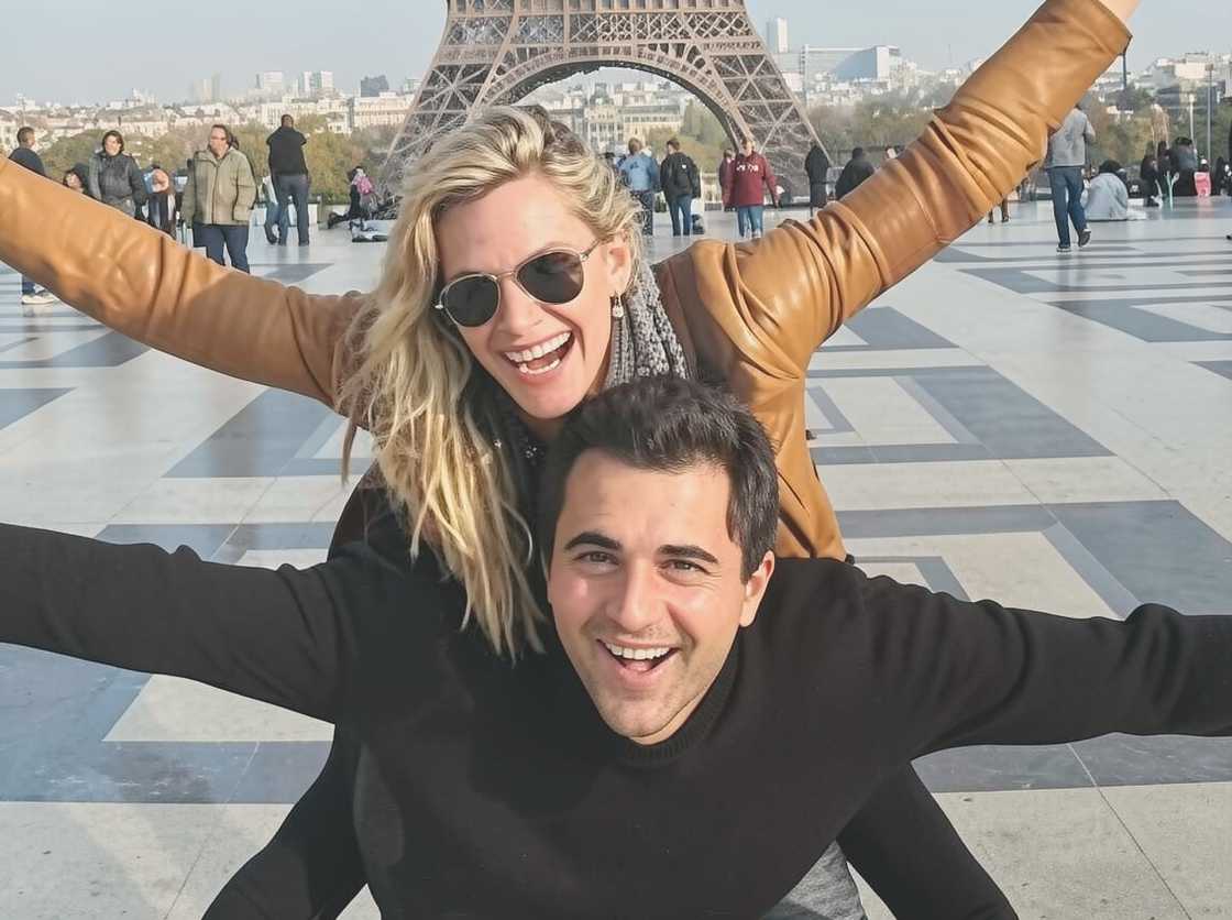 Darius Campbell Danesh and Natasha Henstridge, pose in front of the Eiffel Tower