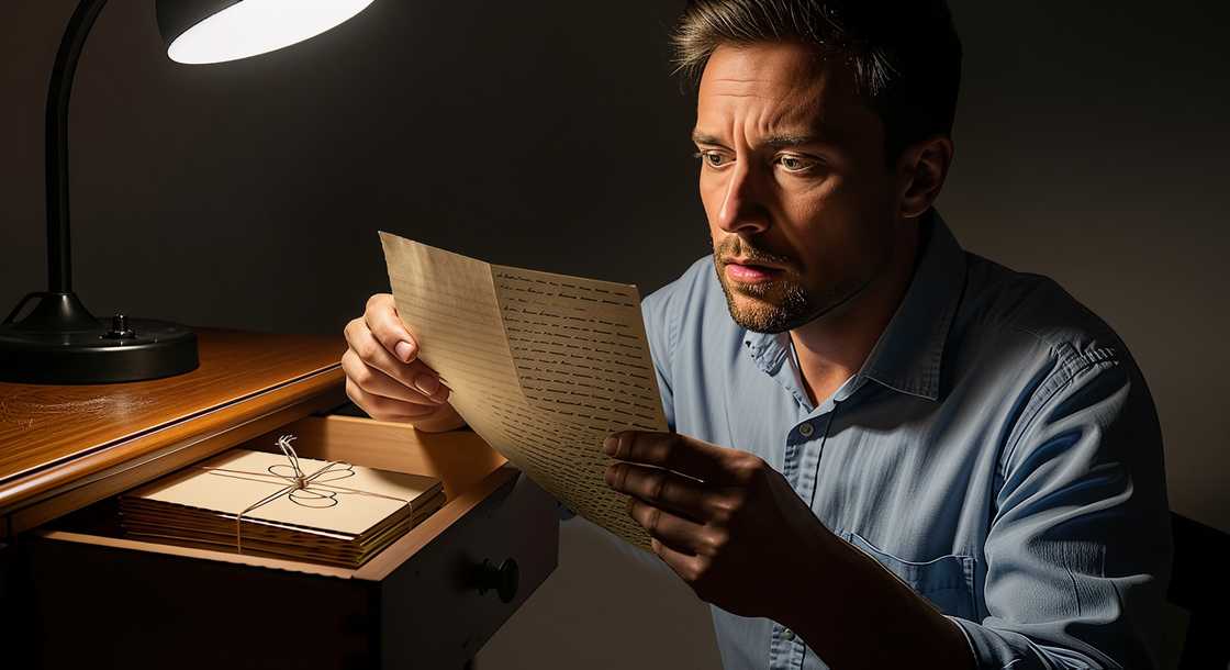 A man reading a handwritten letter at a desk. A man reading a handwritten letter at a desk.