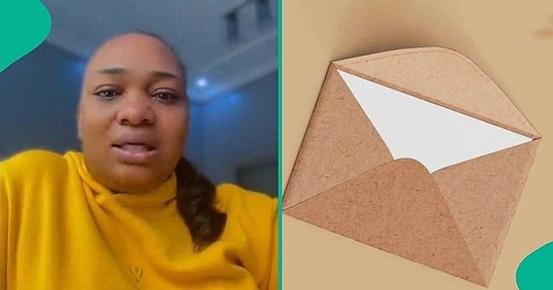 Bride displays content of envelope from guest