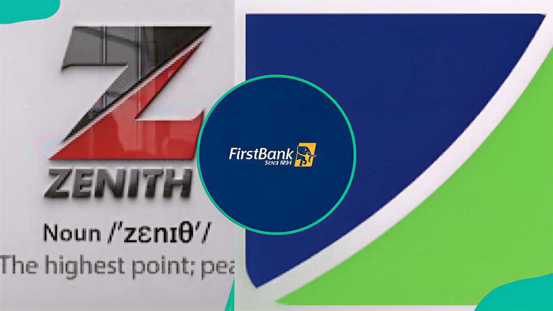 Zenith Bank logo, First Bank logo, and Fidelity Bank logo