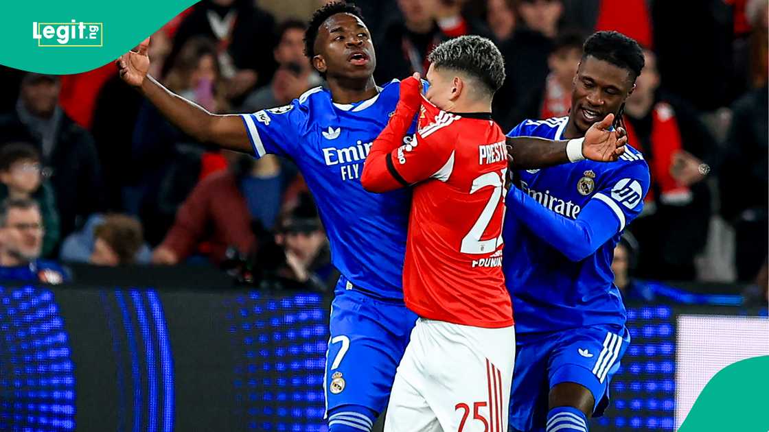 Vinicius Jr, Gianluca Prestianni, Eduardo Camavinga, Real Madrid, Benfica, UEFA Champions League. Vinicius Jr, Gianluca Prestianni, Eduardo Camavinga, Real Madrid, Benfica, UEFA Champions League.