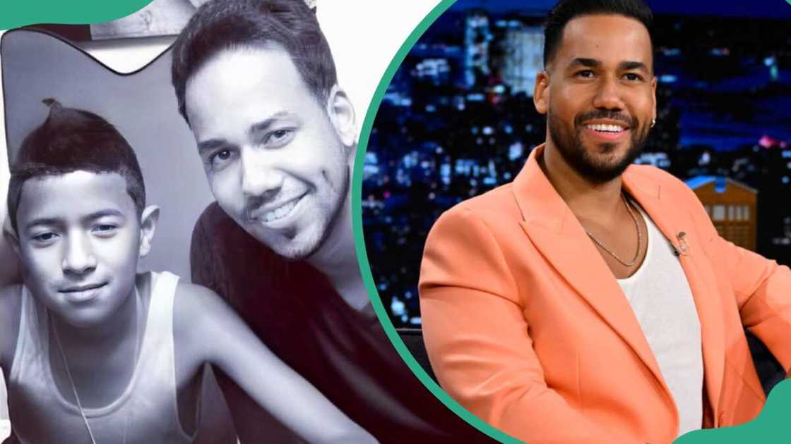 Alex Damian posing for a photo with his father (L). Singer-songwriter Romeo Santos during an interview with host Jimmy Fallon (R) Alex Damian posing for a photo with his father (L). Singer-songwriter Romeo Santos during an interview with host Jimmy Fallon (R)