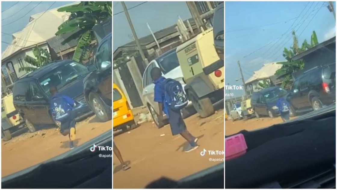 Student showed happiness/Boy danced in school uniform.