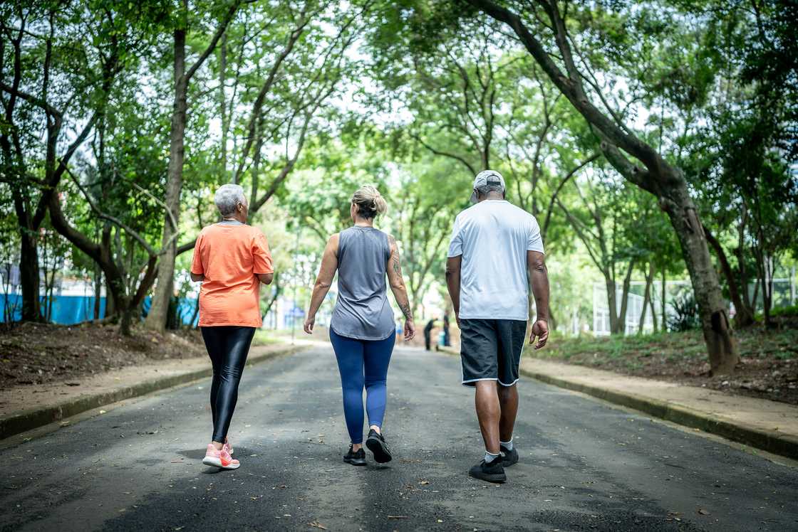 Three individuals involving in nature walk outdoors Three individuals involving in nature walk outdoors